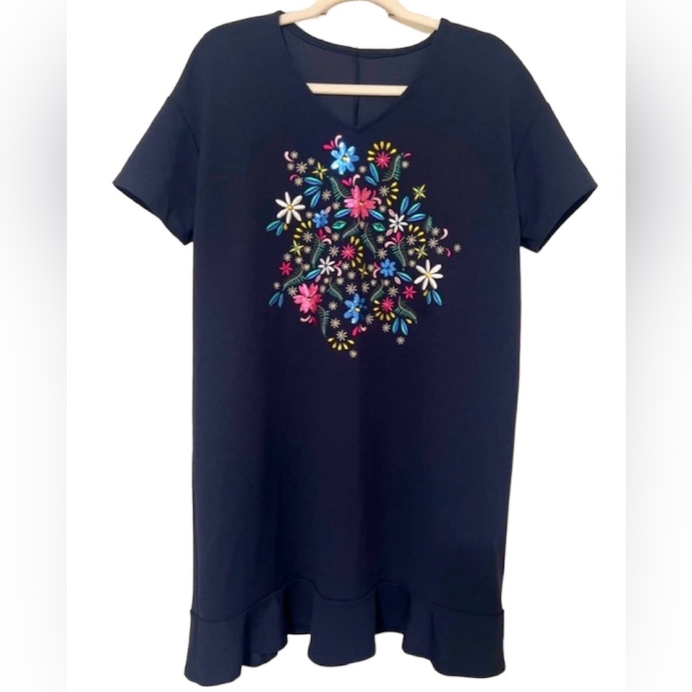 Zara blue navy short sleeves Boho Floral Embroidery Shift Raffle Hem Dress SZ XL